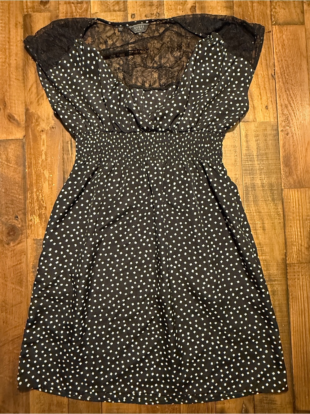 GUESS Black & White Geometric Print Lace Detail Dress – Size M